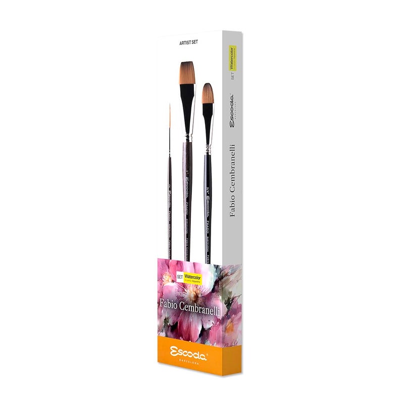 Escoda Signature Artist Watercolor Paint Brush Set, Fabio Cembranelli Set #2, Includes Prado (Synthetic Sable) Flat Bright Size 3/4"" & 1"" and Prado Round Longliner Size 2 - Image 2